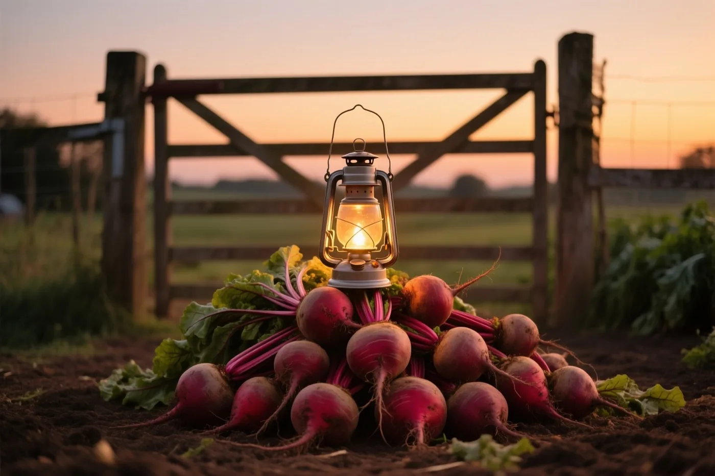 Een brandende lantaarn staat op een hoop suikerbieten op donkere aarde op een boerenerf, met een houten hek onder een oranje en roze avondlucht.
