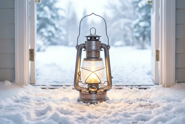 Een brandende metalen lantaarn staat op een besneeuwde drempel voor een open deuropening in een winters landschap met witte en grijze tinten.