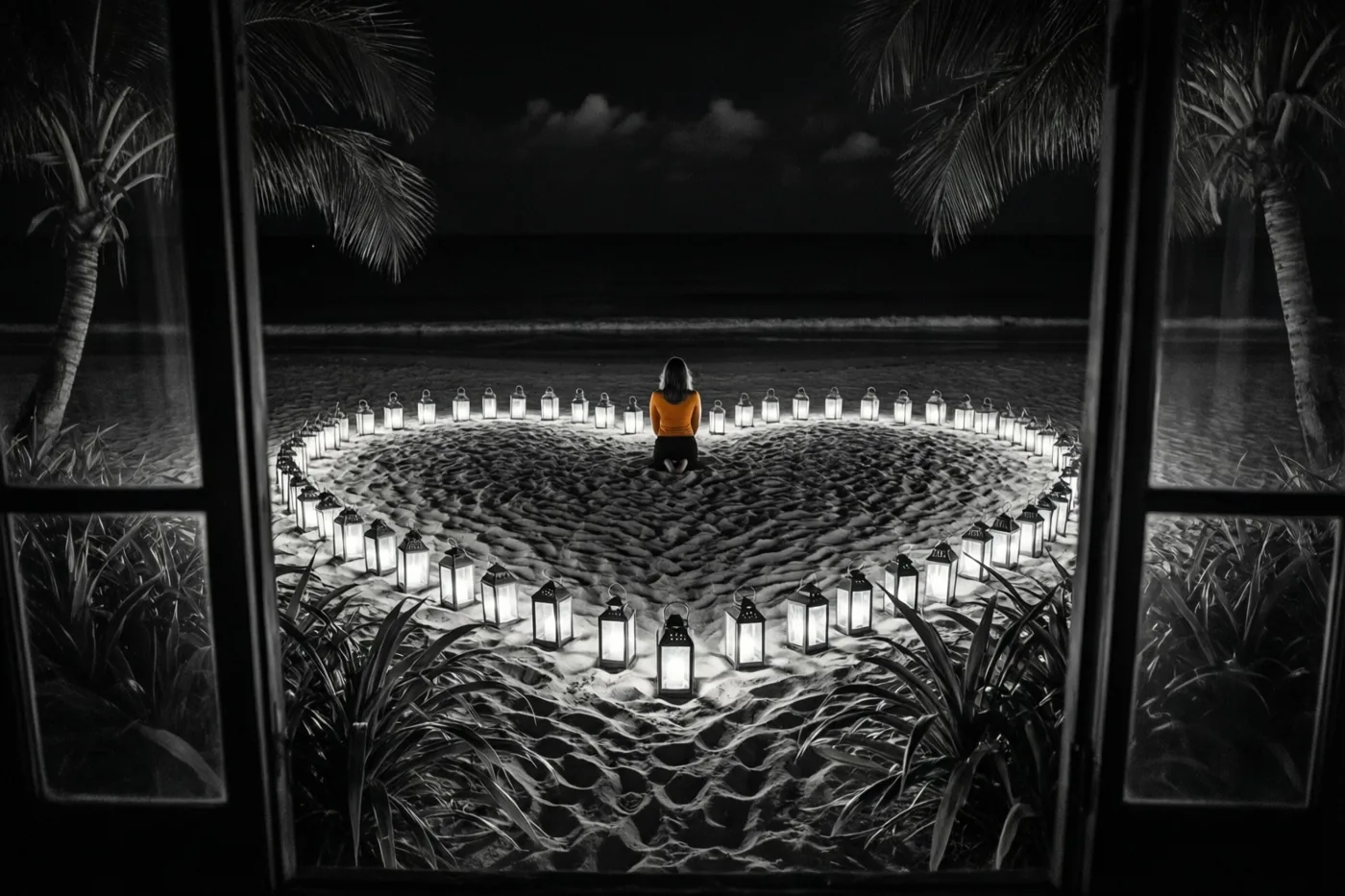 Door een raam is een knielende persoon in een oranje bovenstuk te zien binnen een hart van lantaarns op een nachtelijk strand, in een verder zwart-witbeeld met alleen de kleding en lichtjes in kleur.