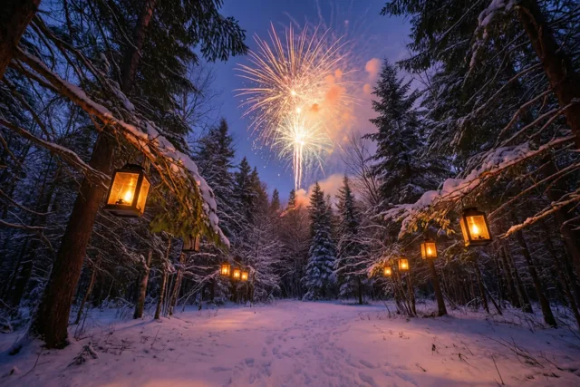 Nieuwjaarslicht tussen besneeuwde bomen