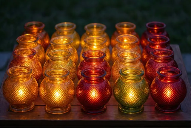 Glazen lantaarns met reliëf gloeien op een houten tafel in de avond in amberkleurige, rode en groene tinten.
