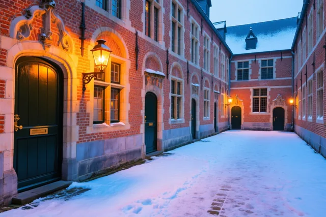 Een besneeuwde binnenplaats van een historisch bakstenen gebouw heeft boogvormige deuropeningen met brandende lantaarns ernaast, in goudgeel licht en blauwe schemertinten.