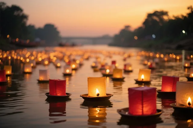 Honderden lantaarns drijven bij schemering op een rivier en weerspiegelen hun warme licht in een decor van oranje, rood en donkere tinten.