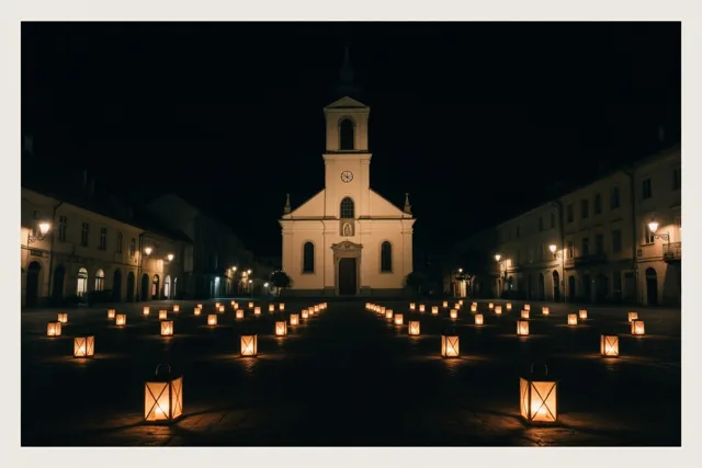 Veel kleine lantaarns verlichten de kasseien van een kerkplein bij nacht, met zacht verlichte gebouwen onder een donkere hemel.