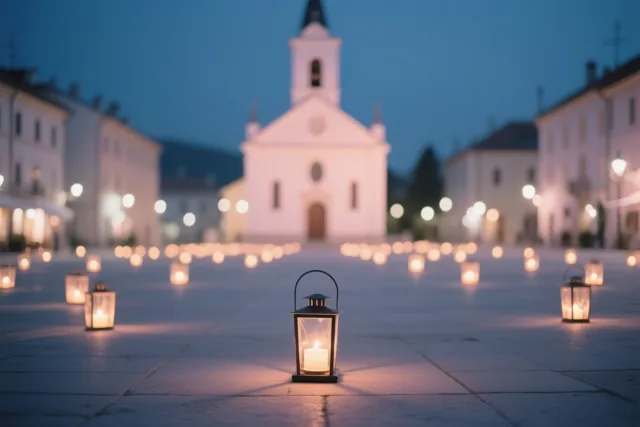 Veel kleine lantaarns staan op de stenen bestrating van een kerkplein en geven warm licht onder een blauwe schemerlucht.