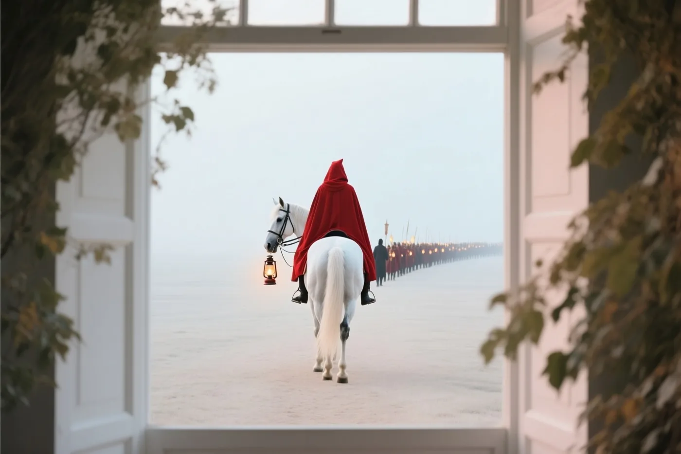 Door een open deuropening zie je van achteren een ruiter in een rode mantel op een wit paard, aan het hoofd van een lantaarnstoet in een mistig landschap.