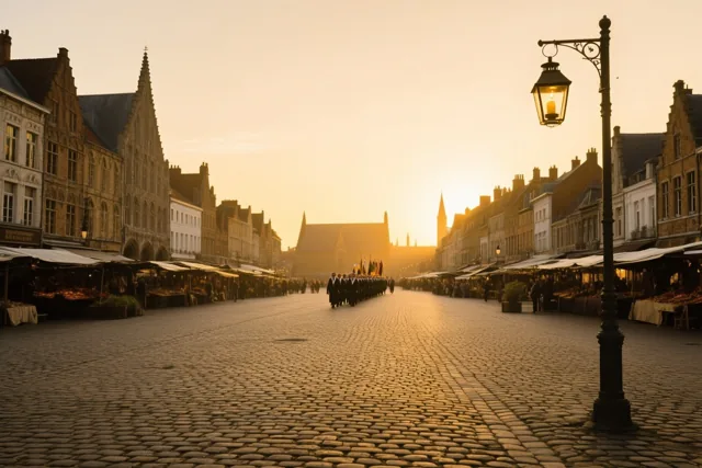 Op een marktplein met kasseien in Ieper trekt in de verte een lantaarnstoet voorbij tussen historische gebouwen en marktkramen in het warme schemerlicht.