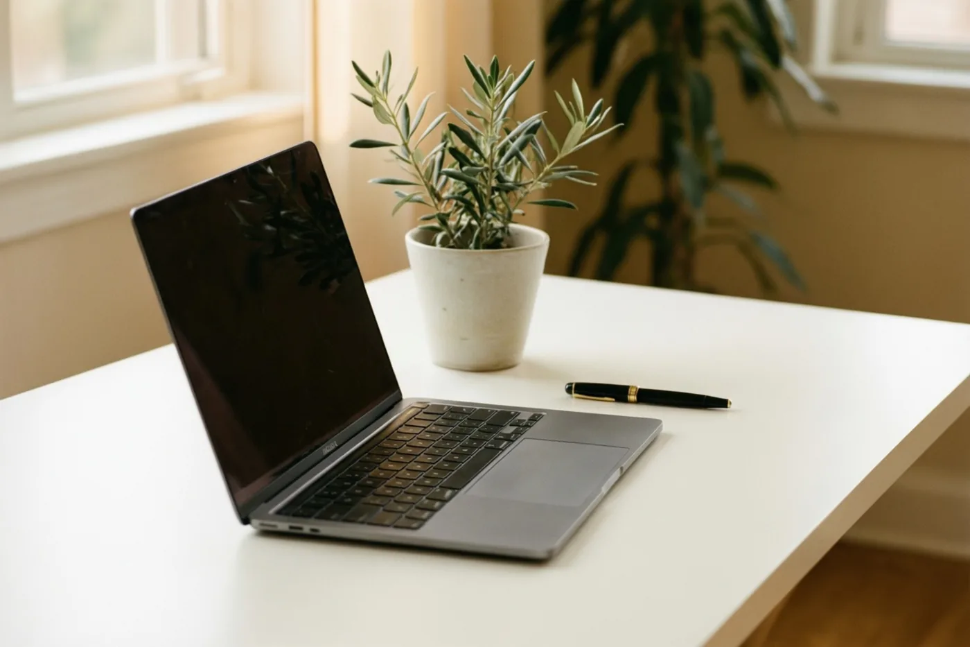 Een open zilverkleurige laptop staat op een opgeruimd wit bureau naast een klein olijfplantje in een witte pot en een zwarte vulpen, in zacht daglicht.