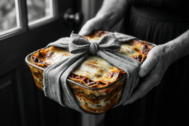 Iemand houdt bij een deur met een raam een glazen schaal lasagne vast in een grijze doek met een strik, waarbij alleen het eten in kleur is weergegeven.