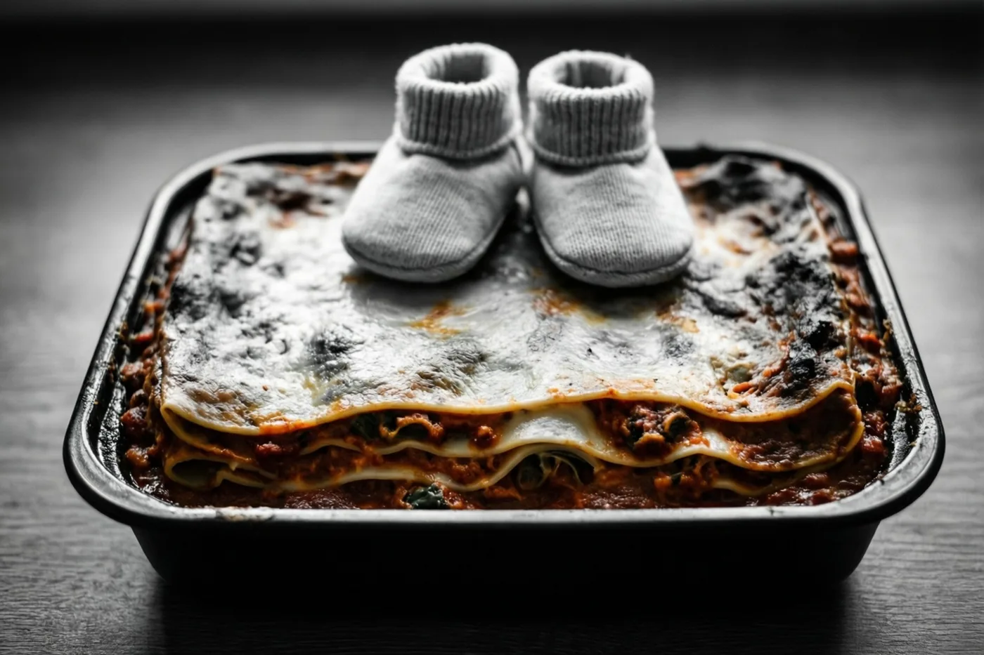 Een paar kleine grijze babyslofjes ligt boven op versgebakken lasagne in een zwarte ovenschaal op een donker houten oppervlak.