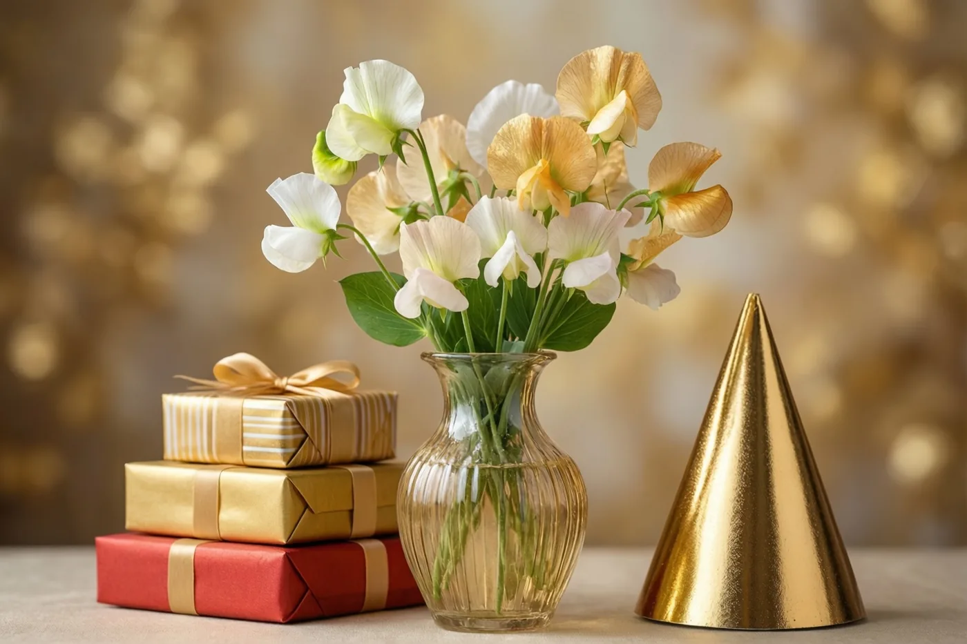 Een glazen vaas met witte en goudkleurige lathyrus staat op een tafel naast cadeaus in rood, goudkleurig en gestreept papier en een goudkleurig feesthoedje, met onscherpe gouden lichtjes op de achtergrond.