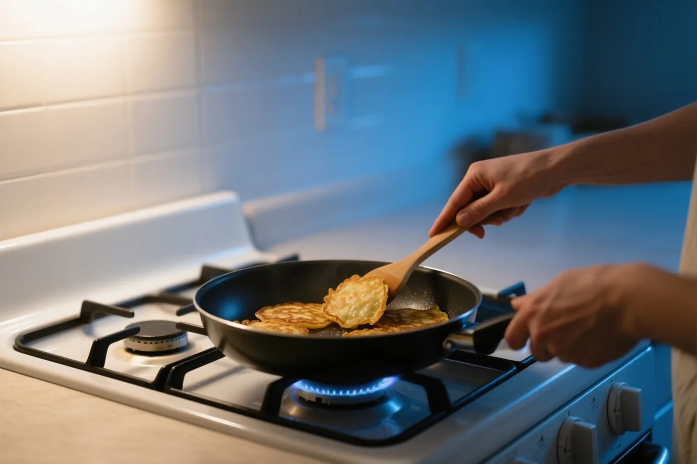 Handen bakken goudbruine latkes in een zwarte pan op een gasvuur met een blauwe vlam, in een keuken met witte wandtegels.