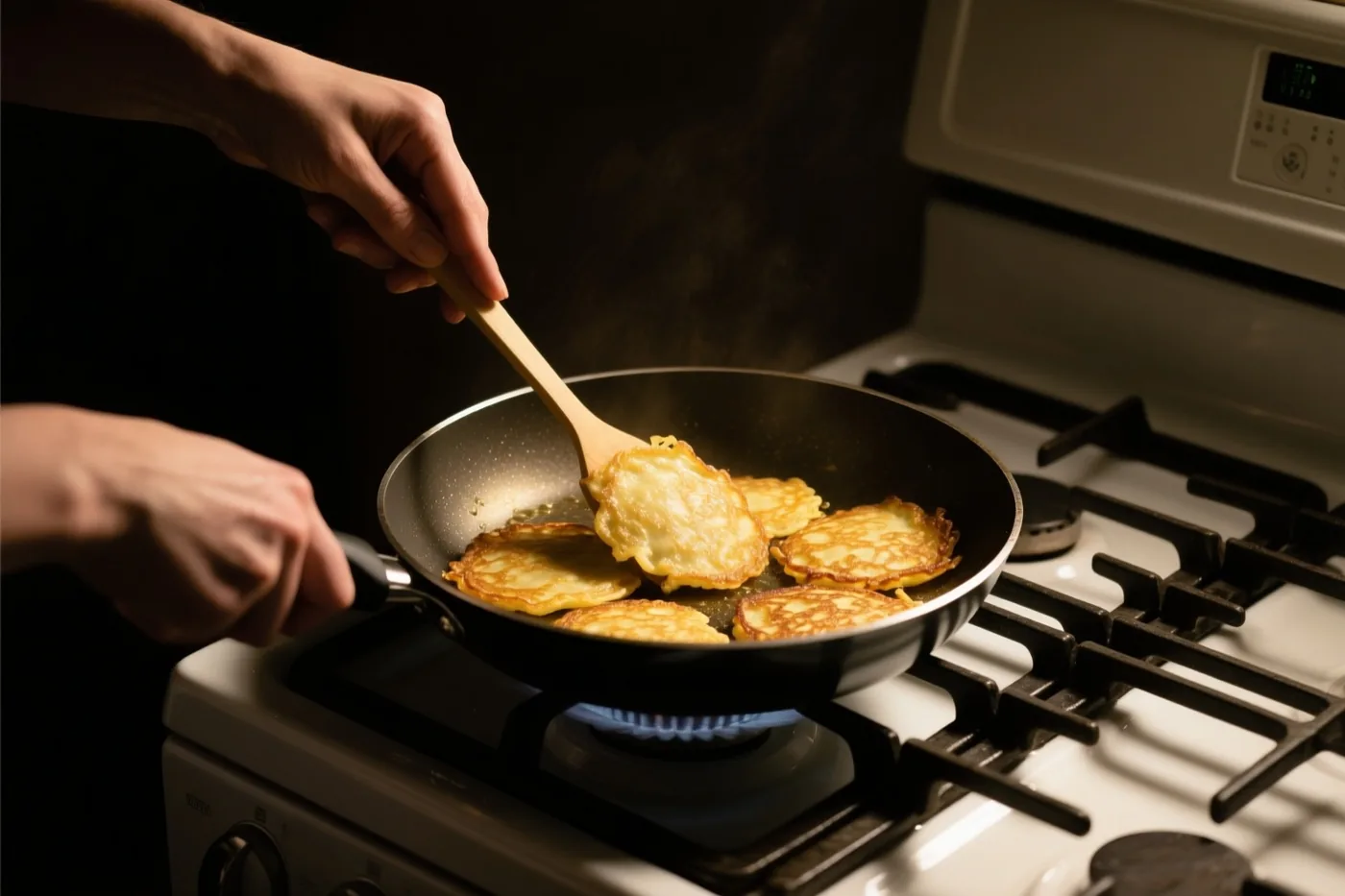 Handen bakken goudbruine latkes in een zwarte pan boven een blauwe gasvlam tegen een donkere achtergrond.