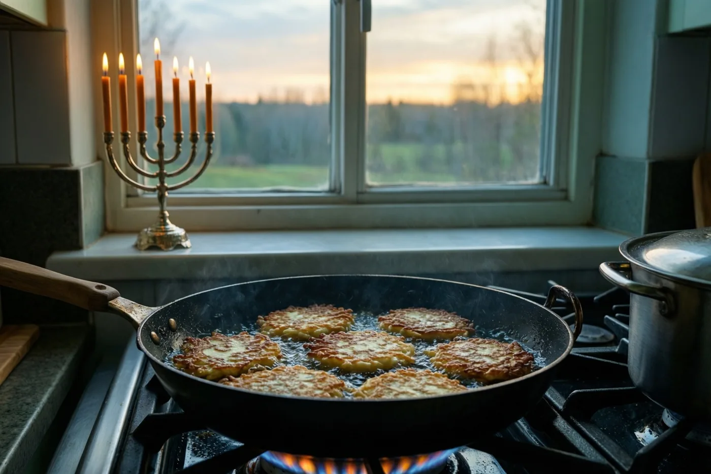 In een keuken bij schemering bakken goudbruine latkes op een gasfornuis en brandt een kandelaar op de vensterbank, met een zachte zonsondergang buiten.