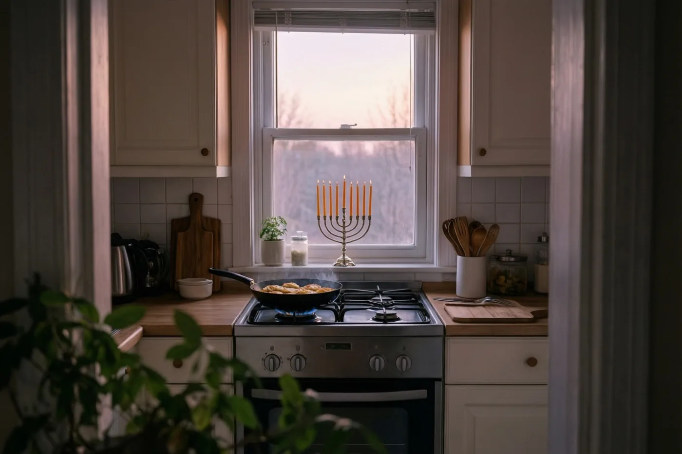 In een keuken met witte kasten en houten werkbladen bakken latkes in een pan op het fornuis en brandt een kandelaar op de vensterbank bij schemering.