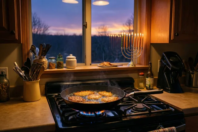 Bij schemering bakken latkes in een pan op een gasfornuis, terwijl een brandende kandelaar op de vensterbank de keuken goudkleurig verlicht.