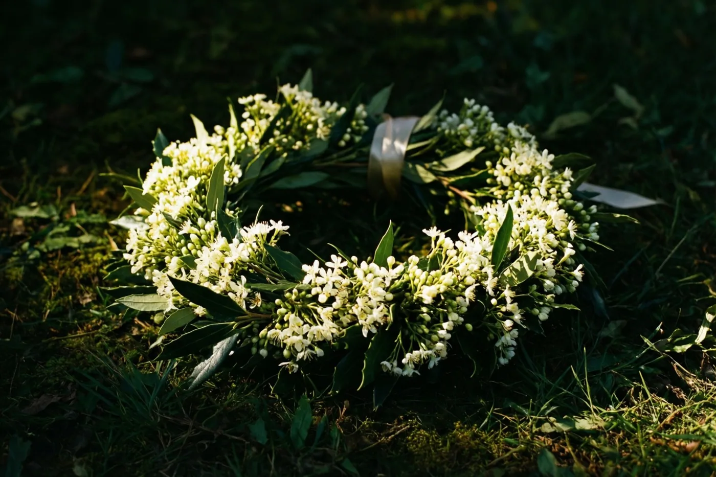 Een lauwerkrans met witte bloemen en een lint ligt op het gras in het zonlicht.