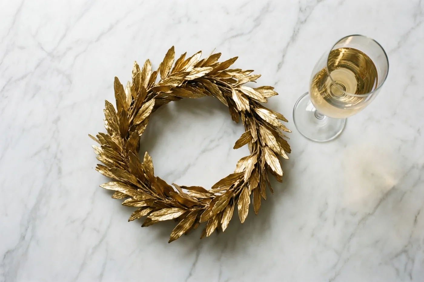Een vergulde lauwerkrans ligt op wit marmer naast een glas champagne.