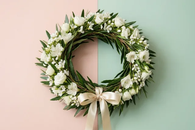 Een ronde lauwerkrans met witte bloemen en een crèmekleurig lint staat centraal tegen een achtergrond die uit een roze en een mintgroen vlak bestaat.