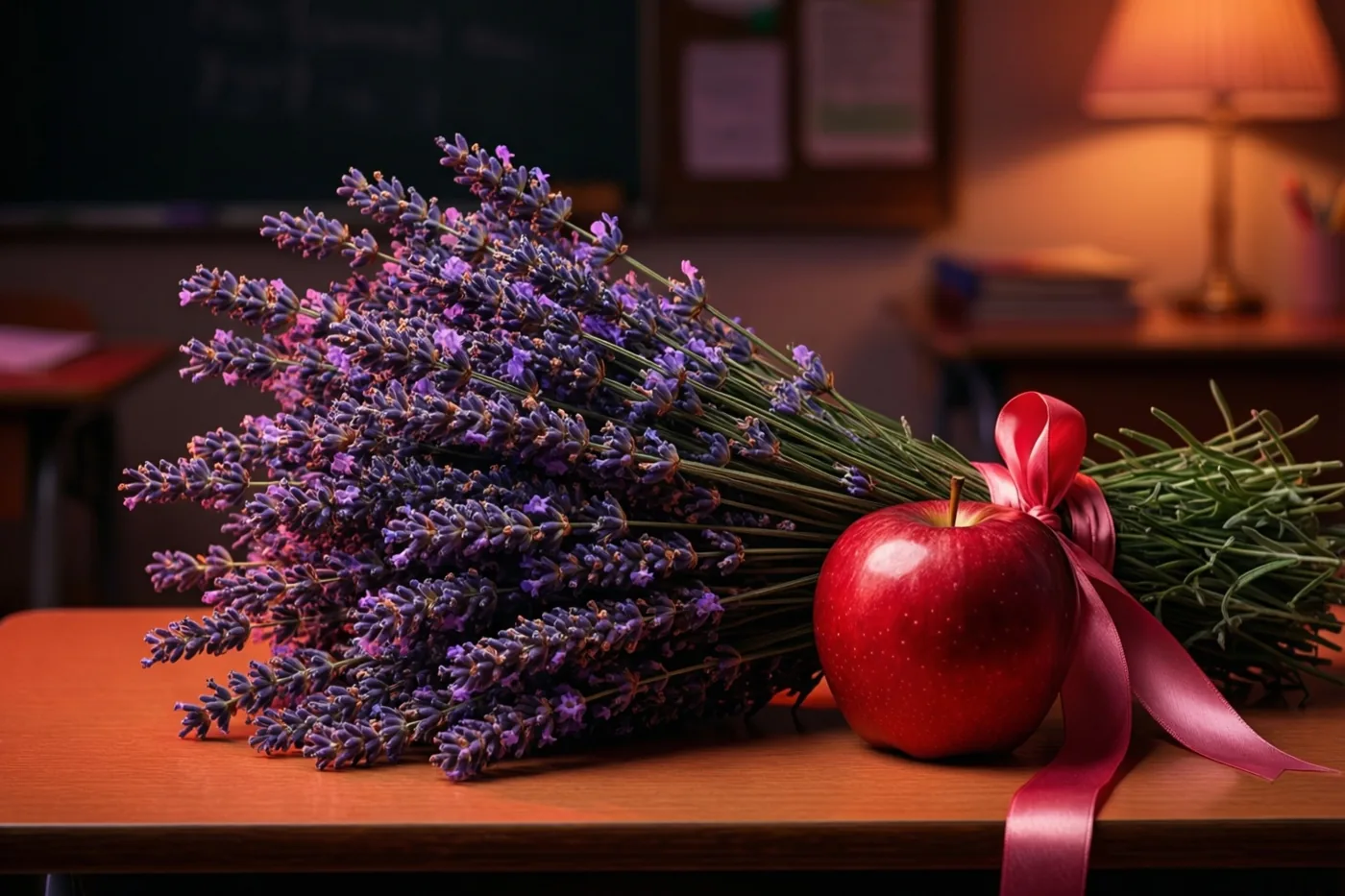 Een boeket paarse lavendel en een rode appel met een rood lint liggen op een houten bureau in een klas, met een schoolbord en een lamp op de achtergrond.