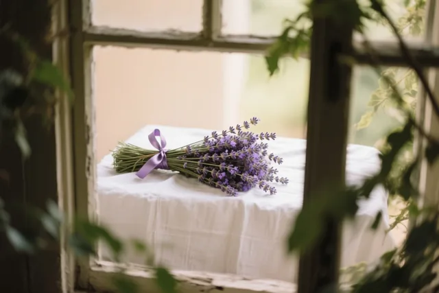 Een bundeltje lavendel met een paars lint ligt op wit linnen, gezien door een raamkozijn waar groene bladeren deels voor hangen.