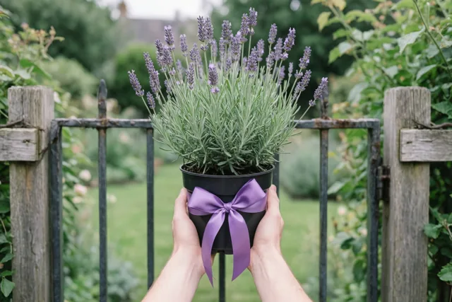 Twee handen houden een lavendelplant in een pot met een paarse strik vast voor een tuinhek in een weelderige groene tuin in zacht daglicht.