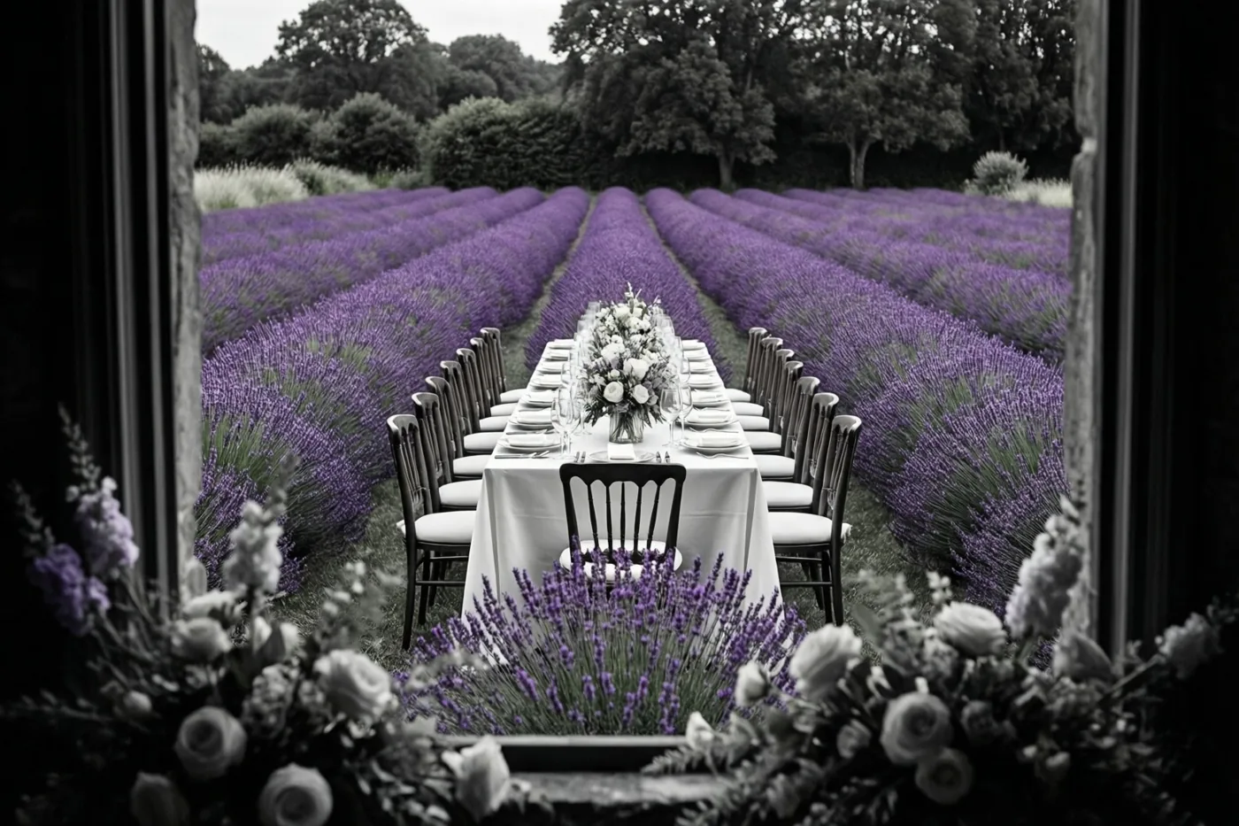 Door een met bloemen versierd raamkozijn is een lange trouwtafel met wit linnen en bloemstukken te zien in een paars lavendelveld onder een bewolkte lucht.