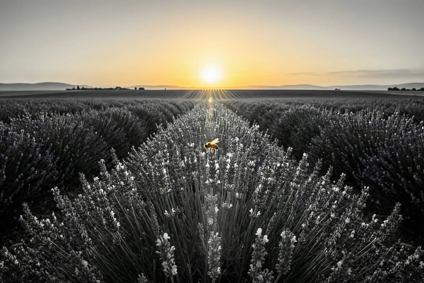 Rijen lavendel en één bij zijn te zien bij een lage opkomende zon in een grotendeels monochroom beeld met warme kleuren rond de zonsopgang.