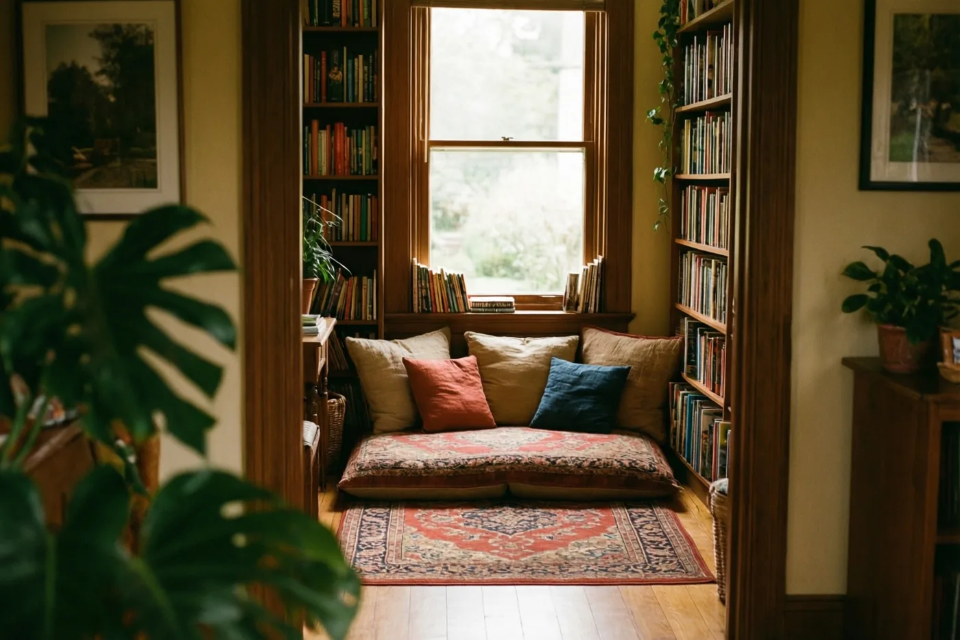 Door een deuropening is een leeshoek te zien met een vloerkussen op een tapijt met een patroon, hoge houten boekenkasten en groene planten in natuurlijk raamlicht.