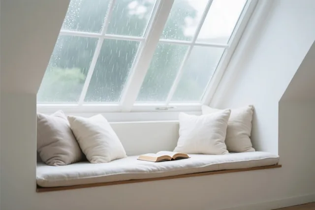 Een zitbank met witte kussens en een open boek staat onder een schuin dakraam met regendruppels in een lichte kamer met witte muren.