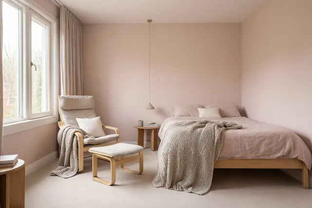 In een slaapkamer met zachtroze muren staan een houten leesstoel met een gebreide deken, een voetenbankje en een bed met bijpassend beddengoed.