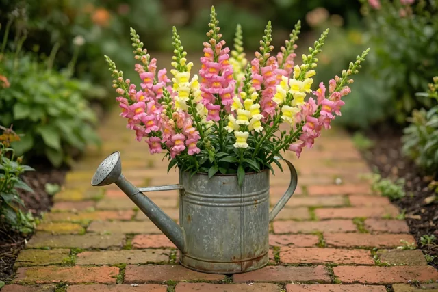 Hoge roze en gele leeuwenbekjes staan in een oude gedeukte blikken gieter op een bakstenen tuinpad, met groen op de achtergrond.