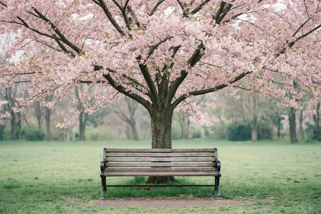Een lege houten parkbank staat onder een grote kersenboom vol roze bloesems, met groen gras en een zachte, wazige achtergrond.
