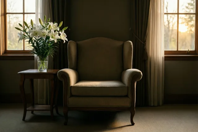 Een lege stoffen fauteuil staat naast een bijzettafeltje met een vaas witte lelies in een schemerige kamer waar zacht, warm licht door ramen met gordijnen valt.