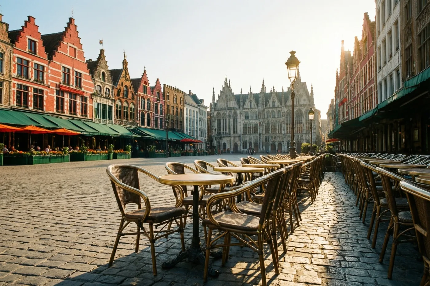Rijen lege caféstoelen en tafels staan op een kasseiplein voor historische Vlaamse gebouwen, met lange schaduwen in warm zonlicht.