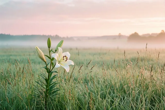 Een witte lelie bloeit in hoog groen gras aan een mistige weide onder een zachtroze en perzikkleurige lucht.