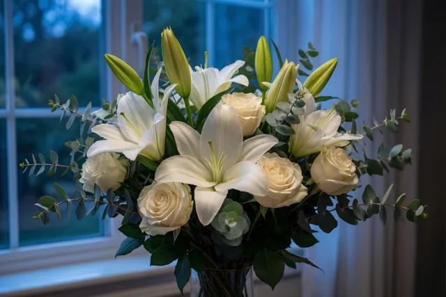 Witte lelies, witte rozen en eucalyptus staan in een vaas bij een raam, in zacht blauw licht.
