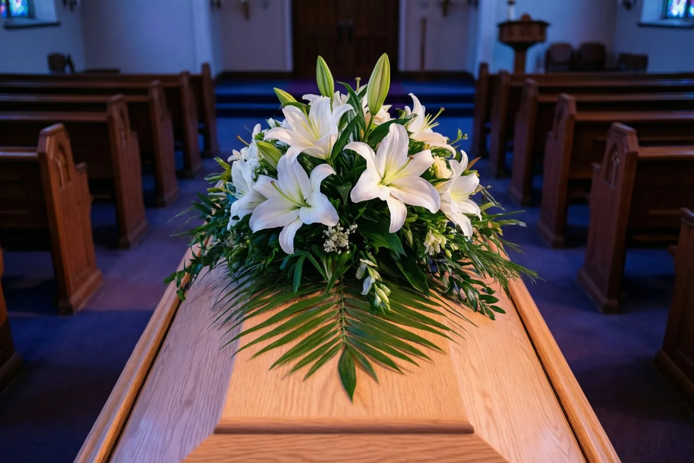 Een bloemstuk van witte lelies en bladgroen ligt op een lichte eiken doodskist in een kapel met houten banken en glas-in-loodramen.