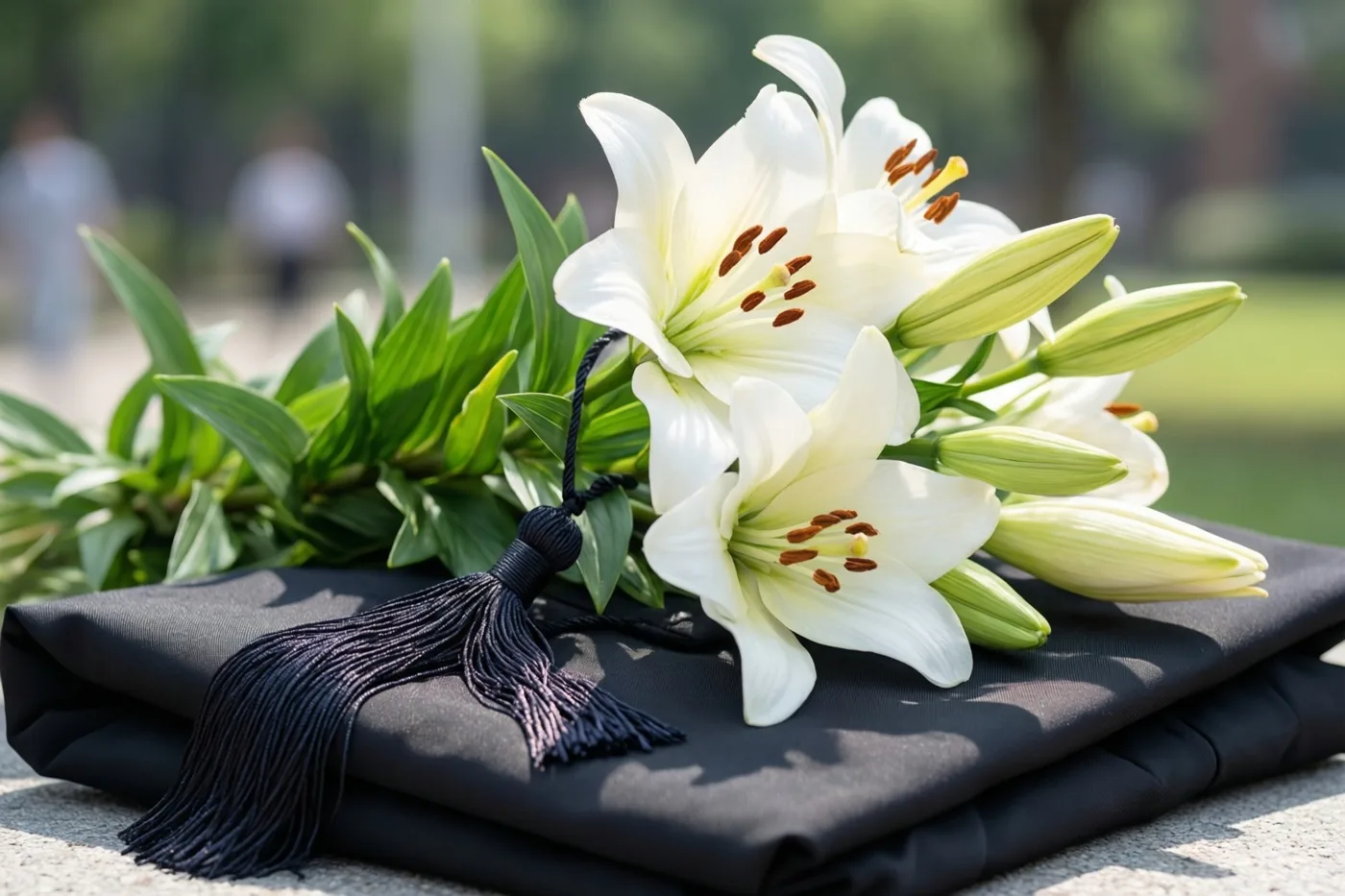 Een boeket witte lelies met groene stelen en knoppen en een zwart kwastje aan het lint ligt op een opgevouwen zwarte afstudeertoga, met wazig groen op de zonnige achtergrond.