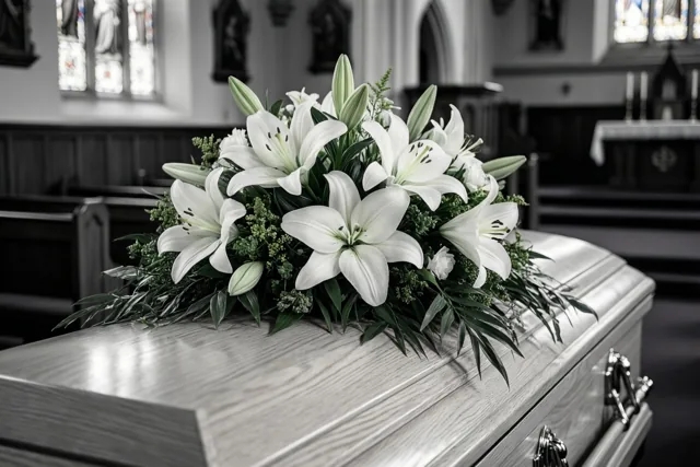 Een bloemstuk van witte lelies en bladgroen ligt op het deksel van een lichte eiken doodskist in een kapel, weergegeven in een monochroom beeld.