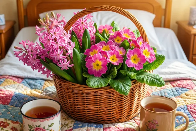 Een rieten mand met roze hyacinten en primula’s staat naast twee mokken thee op een kleurrijke doorgestikte bedsprei, met een houten bedframe en nachtkastjes op de achtergrond.