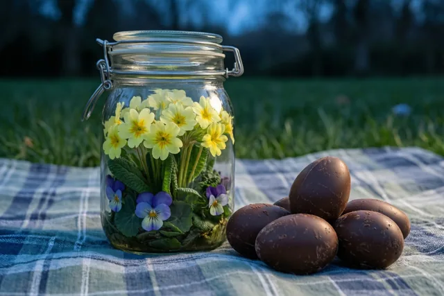 Een glazen pot met gele sleutelbloemen en paarse viooltjes staat naast chocoladepaaseieren op een blauw-wit geruit picknickkleed in het gras.