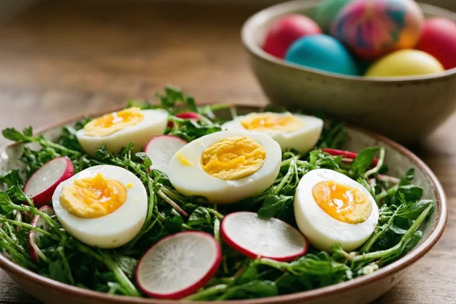 Een kom lentesalade met in vieren gesneden hardgekookte eieren en schijfjes rode radijs staat naast een kom gekleurde paaseieren op een houten oppervlak.