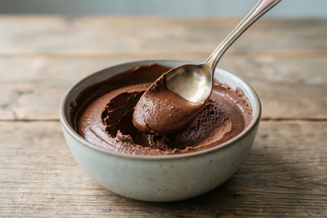 Een lepel schept een portie chocolademousse uit een kom op een rustieke houten boerentafel in warme bruine en beige tinten.