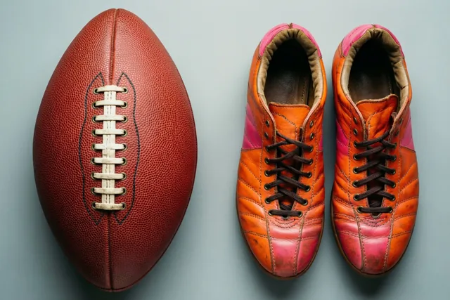 Een oude bruine leren bal voor American football ligt naast een paar versleten oranje en roze leren voetbalschoenen op een effen lichtblauwe ondergrond.