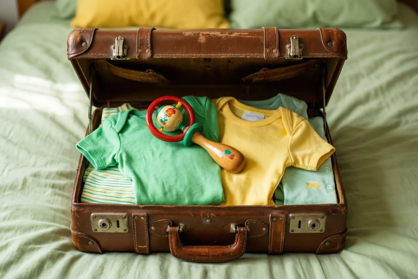 Een open oude koffer van bruin leer staat op een bed en bevat netjes opgevouwen babykleertjes in groen, geel en lichtblauw, in zacht licht.