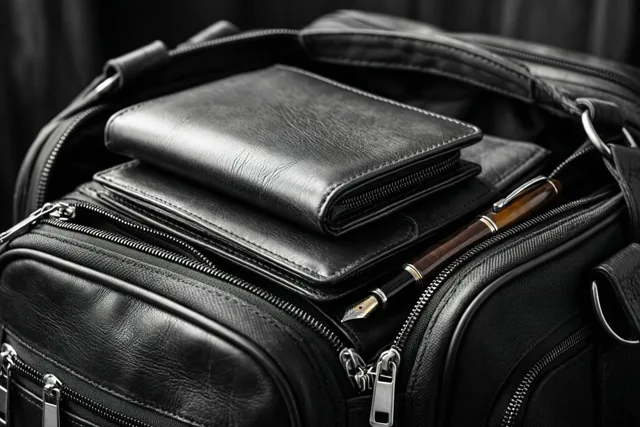 Een detailopname in monochrome tinten toont een zwarte leren reistas met een leren paspoorthouder en een vulpen erop.