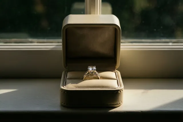 Een open crèmekleurig leren ringdoosje met een ring met één diamant staat op een vensterbank in zacht ochtendlicht.