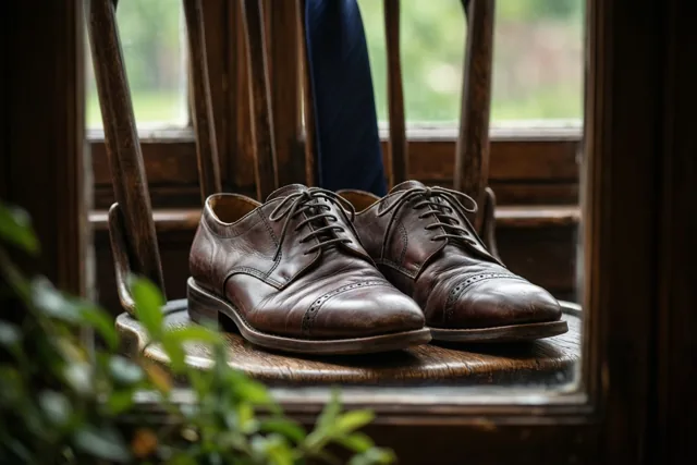 Bruine leren geklede schoenen staan op een houten stoel met een blauwe das erachter, binnen bij een raam met groen buiten.