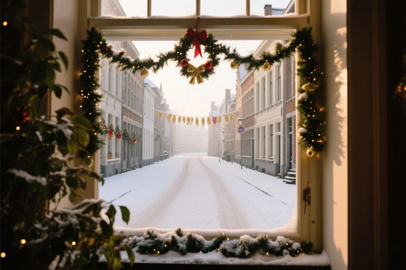 Door een raam versierd met kerstslingers en sneeuw is een lege, besneeuwde straat in Leuven te zien in zacht warm licht.